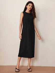 SHEIN BASICS Split Hem Solid Dress - Black - View 4