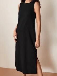 SHEIN BASICS Split Hem Solid Dress - Black - View 5