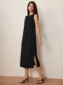 SHEIN BASICS Split Hem Solid Dress - Black - View 6