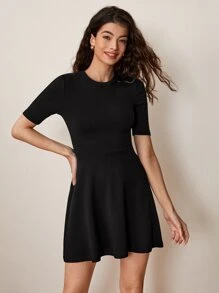 SHEIN BASICS Solid Flare Hem Dress - Black - View 1