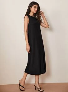 SHEIN BASICS Split Hem Solid Dress - Black - View 7