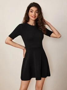 SHEIN BASICS Solid Flare Hem Dress - Black - View 3