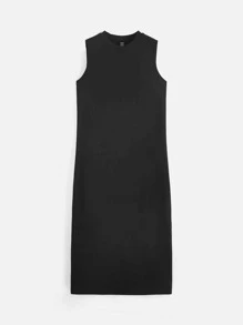 SHEIN BASICS Split Hem Solid Dress - Black - View 8