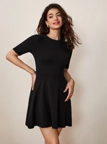 SHEIN BASICS Solid Flare Hem Dress - Black - View 4