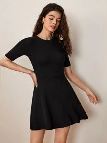 SHEIN BASICS Solid Flare Hem Dress - Black - View 6