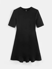 SHEIN BASICS Solid Flare Hem Dress - Black - View 7