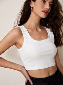 SHEIN BASICS 1pc Solid Crop Tank Top - White - View 8