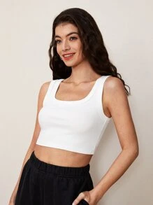 SHEIN BASICS 1pc Solid Crop Tank Top - White - View 3