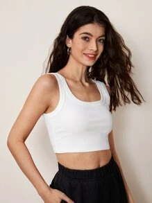 SHEIN BASICS 1pc Solid Crop Tank Top - White - View 4