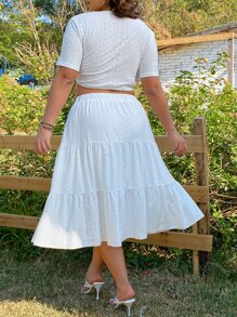 SHEIN Holidaya Top con cordón delantero de manga murciélago & Falda bajo con fruncido - Blanco - Ver 2