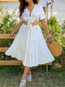 SHEIN Holidaya Top con cordón delantero de manga murciélago & Falda bajo con fruncido - Blanco - Ver 3