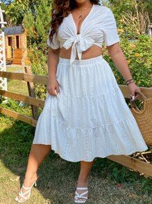 SHEIN Holidaya Top con cordón delantero de manga murciélago & Falda bajo con fruncido - Blanco - Ver 5