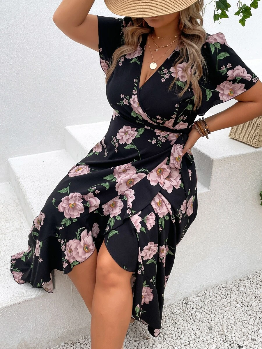 SHEIN Holidaya Đầm Plus Size Thắt nút Viên lá sen Trọn gói Hoa Boho - màu đen - Xem 1