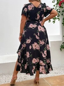 SHEIN Holidaya Đầm Plus Size Thắt nút Viên lá sen Trọn gói Hoa Boho - màu đen - Xem 3