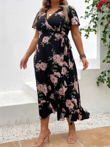 SHEIN Holidaya Đầm Plus Size Thắt nút Viên lá sen Trọn gói Hoa Boho - màu đen - Xem 4