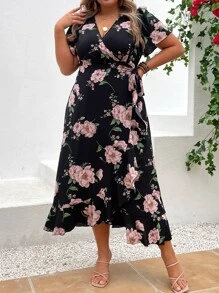 SHEIN Holidaya Đầm Plus Size Thắt nút Viên lá sen Trọn gói Hoa Boho - màu đen - Xem 2