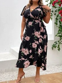 SHEIN Holidaya Đầm Plus Size Thắt nút Viên lá sen Trọn gói Hoa Boho - màu đen - Xem 5