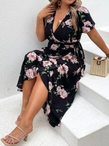 SHEIN Holidaya Đầm Plus Size Thắt nút Viên lá sen Trọn gói Hoa Boho - màu đen - Xem 7