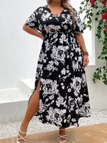 SHEIN LUNE Plus Floral Print Batwing Sleeve Dress - Black and White - View 4