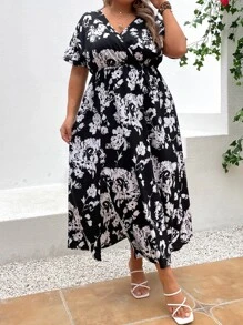 SHEIN LUNE Plus Floral Print Batwing Sleeve Dress - Black and White - View 5