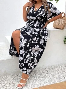 SHEIN LUNE Plus Floral Print Batwing Sleeve Dress - Black and White - View 6