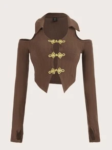 SHEIN ICON Asymmetrical Hem Cold Shoulder Tee - Mocha Brown - View 1