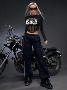 SHEIN ICON Bikercore Letter Graphic Contrast Mesh Crop Tee