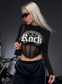 SHEIN ICON Bikercore Letter Graphic Contrast Mesh Crop Tee