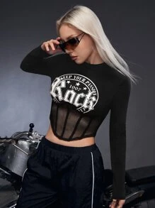 SHEIN ICON Bikercore Letter Graphic Contrast Mesh Crop Tee