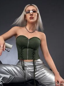 SHEIN ICON Bikercore Lace Up Front Bustier Crop Tube Top - Army Green - View 1