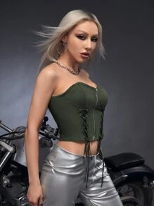 SHEIN ICON Bikercore Lace Up Front Bustier Crop Tube Top - Army Green - View 3