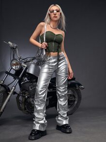 SHEIN ICON Bikercore Lace Up Front Bustier Crop Tube Top - Army Green - View 4