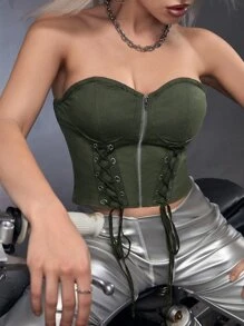 SHEIN ICON Bikercore Lace Up Front Bustier Crop Tube Top - Army Green - View 7
