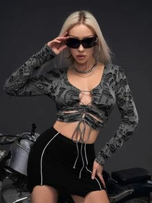 SHEIN ICON Lace Up Front Ripped Crop Tee - Dark Grey - View 3