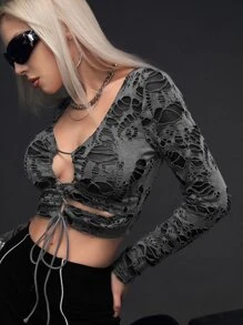 SHEIN ICON Lace Up Front Ripped Crop Tee - Dark Grey - View 1
