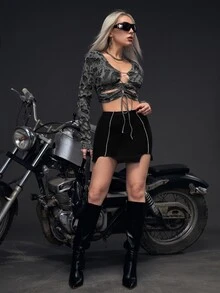 SHEIN ICON Lace Up Front Ripped Crop Tee - Dark Grey - View 4