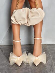 女士鞋,蝴蝶結裝飾尖頭細高跟踝帶緞面鞋,適合春夏季節穿著 - 香檳色 - 查看 7