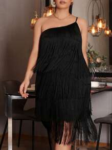 SHEIN Privé Plus One Shoulder Layered Fringe Trim Dress - Black - View 1