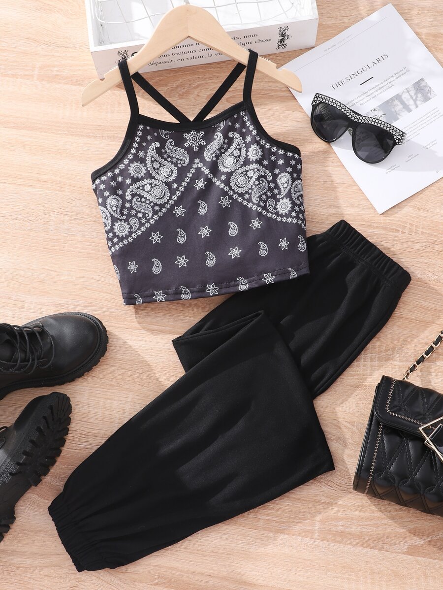 青少年女孩佩斯利印花吊帶上衣和運動褲