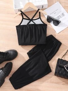 青少年女孩佩斯利印花吊帶上衣和運動褲