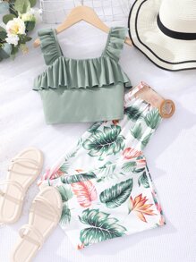 Tween Girl Ruffle Trim Top & Tropical Print Pants - Multicolor - View 1