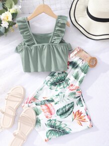 Tween Girl Ruffle Trim Top & Tropical Print Pants - Multicolor - View 2