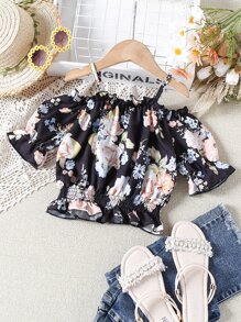 Chicas Blusa con estampado floral de hombros descubiertos ribete con fruncido - Negro - Ver 1