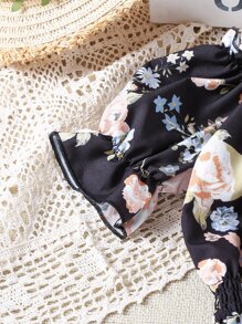 Chicas Blusa con estampado floral de hombros descubiertos ribete con fruncido - Negro - Ver 3