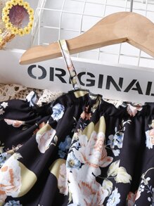 Chicas Blusa con estampado floral de hombros descubiertos ribete con fruncido - Negro - Ver 4