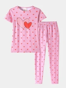 Girls Heart Print Tee & Trousers Snug Fit PJ Set - Pink - View 1