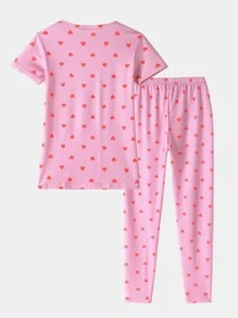 Girls Heart Print Tee & Trousers Snug Fit PJ Set - Pink - View 2
