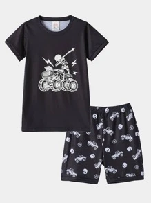 Boys Skeleton and Car Print Tee & Shorts PJ Set - Black and White - View 1
