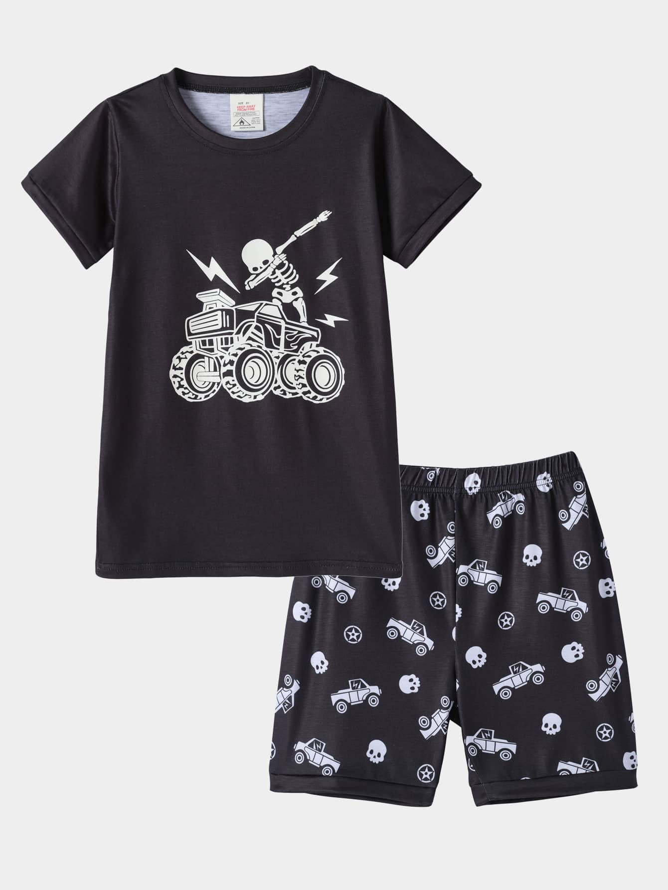 Boys Skeleton and Car Print Tee & Shorts PJ Set - Black and White - View 1