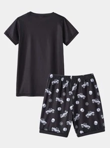 Boys Skeleton and Car Print Tee & Shorts PJ Set - Black and White - View 2
